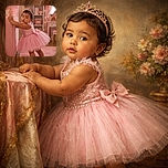 A charming toddler dressed as a princess in a sparkling pink tutu dress and tiara, standing and holding onto a pink couch in a cozy, pink-themed room filled with fairy lights, heart decorations, and plush toys. The glowing neon sign reads 'little princess' adding a magical touch to the scene.