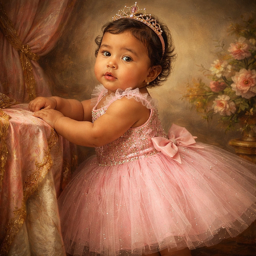 A charming toddler dressed as a princess in a sparkling pink tutu dress and tiara, standing and holding onto a pink couch in a cozy, pink-themed room filled with fairy lights, heart decorations, and plush toys. The glowing neon sign reads 'little princess' adding a magical touch to the scene.