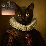 A curious black kitten with glowing eyes sits upright on a brown leather couch, its small paws neatly together as it stares directly at the camera with a slightly blurry but charming focus.