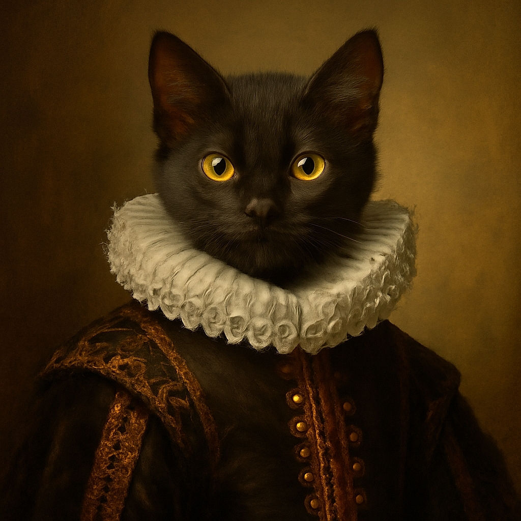 A curious black kitten with glowing eyes sits upright on a brown leather couch, its small paws neatly together as it stares directly at the camera with a slightly blurry but charming focus.