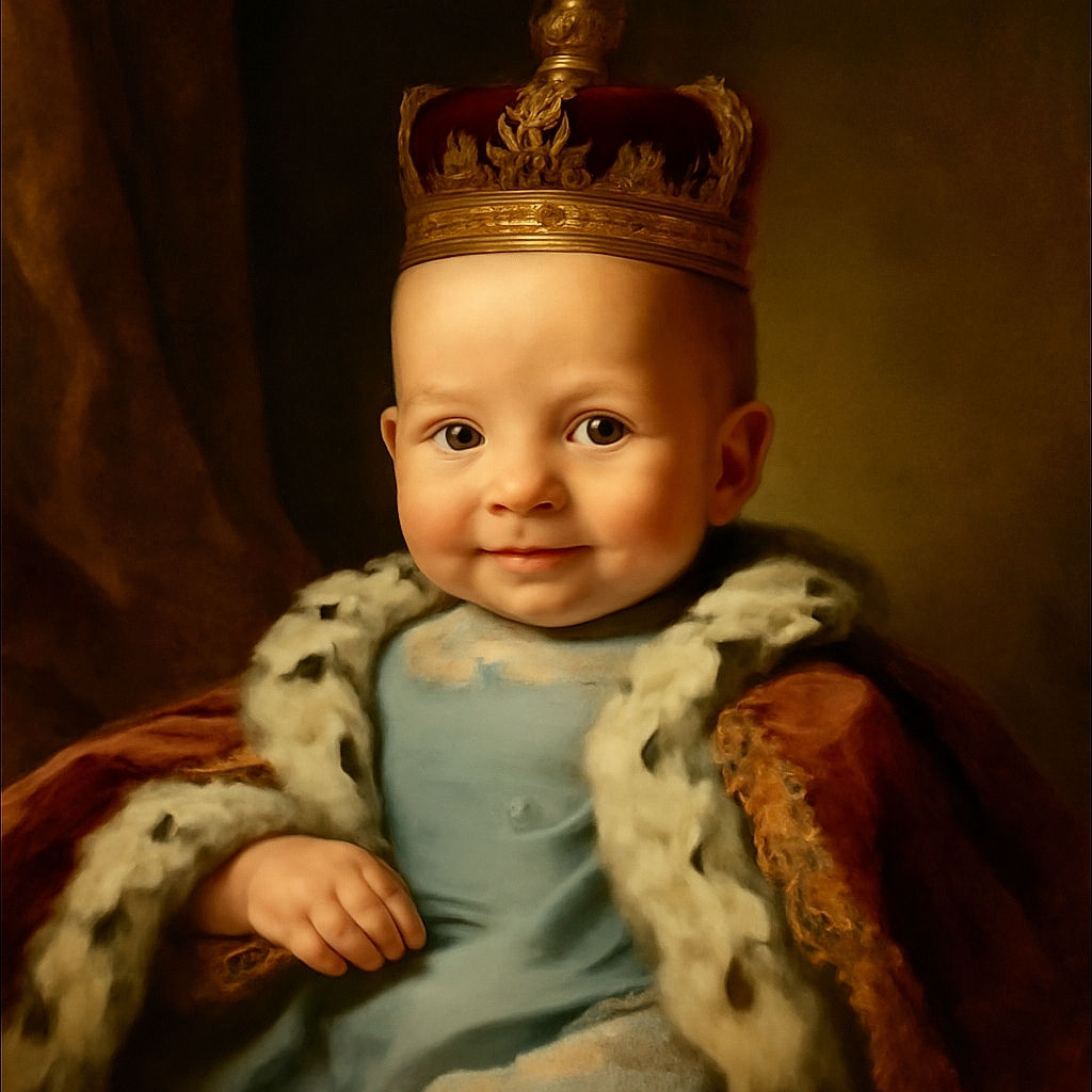 A close-up photo of a baby lying on an adult's legs, wearing a blue onesie with a whale design. The baby has a curious and slightly amused expression, with big eyes looking directly at the camera. The background shows a living room with a TV and furniture.