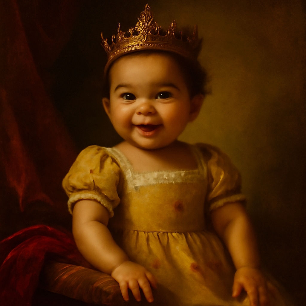 A cheerful baby wearing a large floppy sunhat and a bright yellow sunflower-patterned outfit is playfully leaning forward over a white cloth, flashing a toothy smile with adorable dimples and sparkling eyes.