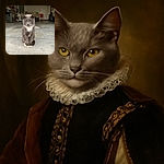 A dignified gray and white cat sits perfectly still on a concrete floor in a garage, looking straight at the camera with an expression that says, 'I own this place.' The background includes a grill, a colorful covered object, a red chair, and a parked car, adding a cozy, lived-in vibe.