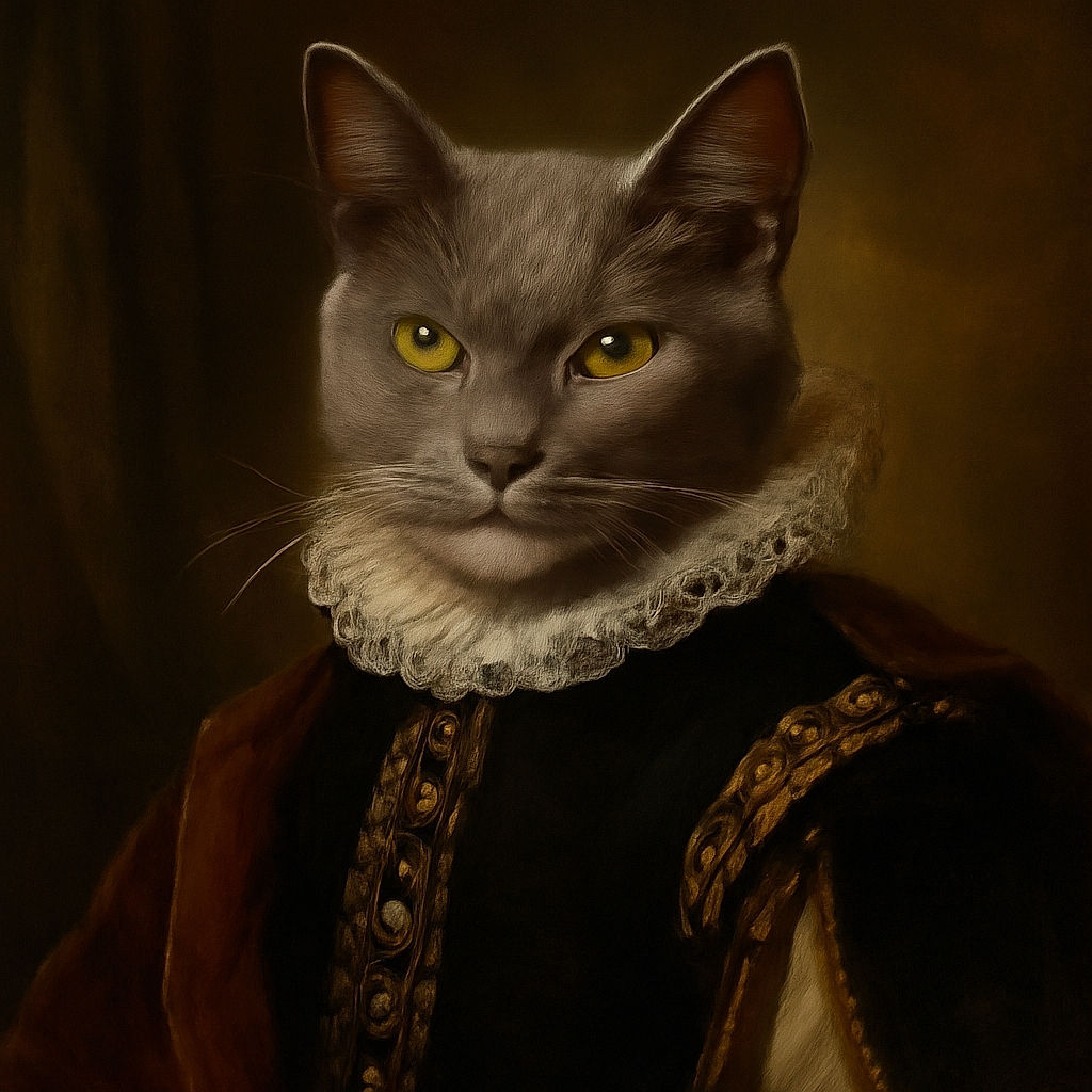 A dignified gray and white cat sits perfectly still on a concrete floor in a garage, looking straight at the camera with an expression that says, 'I own this place.' The background includes a grill, a colorful covered object, a red chair, and a parked car, adding a cozy, lived-in vibe.