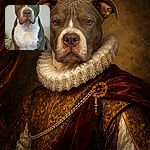 A dignified pit bull with soulful eyes sits patiently on a cozy beige blanket, its glossy coat and white chest proudly displayed against a plain wall background.