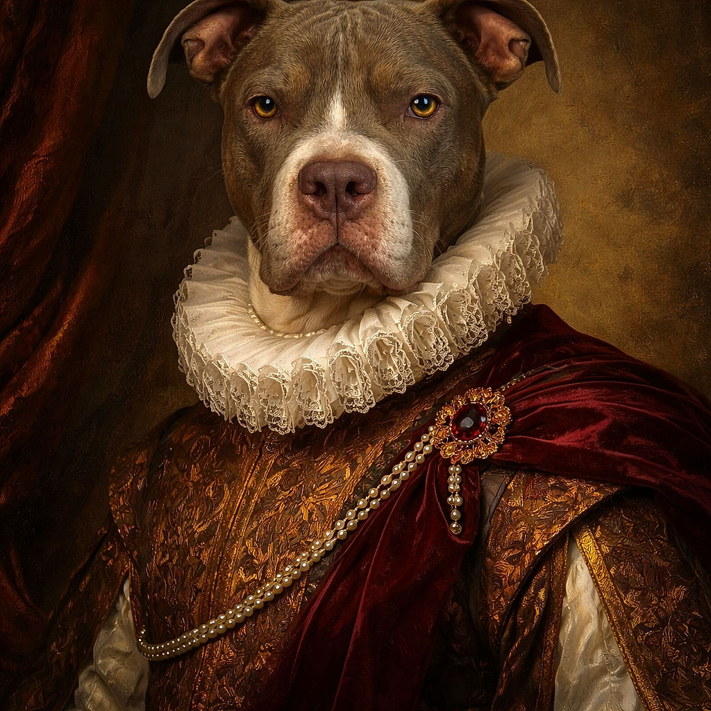A dignified pit bull with soulful eyes sits patiently on a cozy beige blanket, its glossy coat and white chest proudly displayed against a plain wall background.