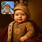 A chubby-cheeked baby with bright blue eyes and a cute beige hat is being held up against a vibrant blue sky with fluffy clouds and green trees, looking curious and adorable with a little tongue peek.