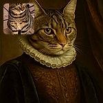 A charming tabby cat sits attentively on a tiled floor, its striped fur pattern and bright yellow eyes capturing the camera's focus with a calm and curious expression.