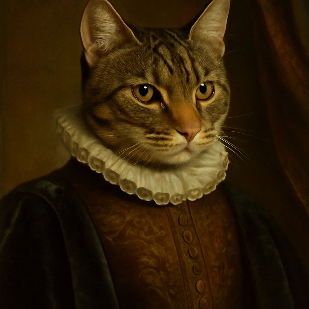 A charming tabby cat sits attentively on a tiled floor, its striped fur pattern and bright yellow eyes capturing the camera's focus with a calm and curious expression.