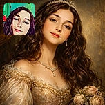 A stylized, cartoon-like portrait of a young girl with wavy hair and a subtle smile, set against a colorful indoor background with hints of furniture and decor.