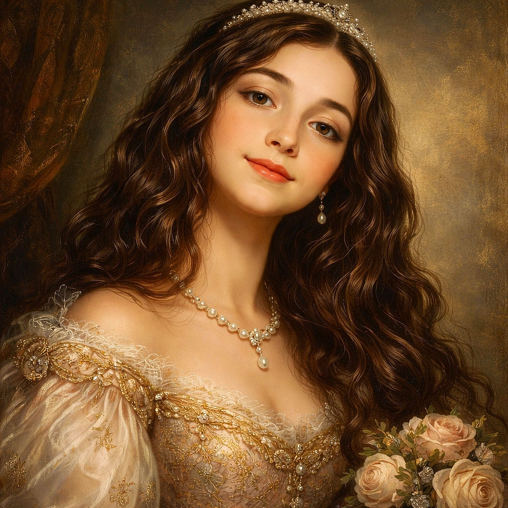 A stylized, cartoon-like portrait of a young girl with wavy hair and a subtle smile, set against a colorful indoor background with hints of furniture and decor.