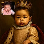 A close-up photo of an adorable baby with big expressive eyes and curly hair, wearing a pink patterned bib and sitting in a colorful baby seat. The background is softly blurred with household items, making the baby's face the clear focus of the image.