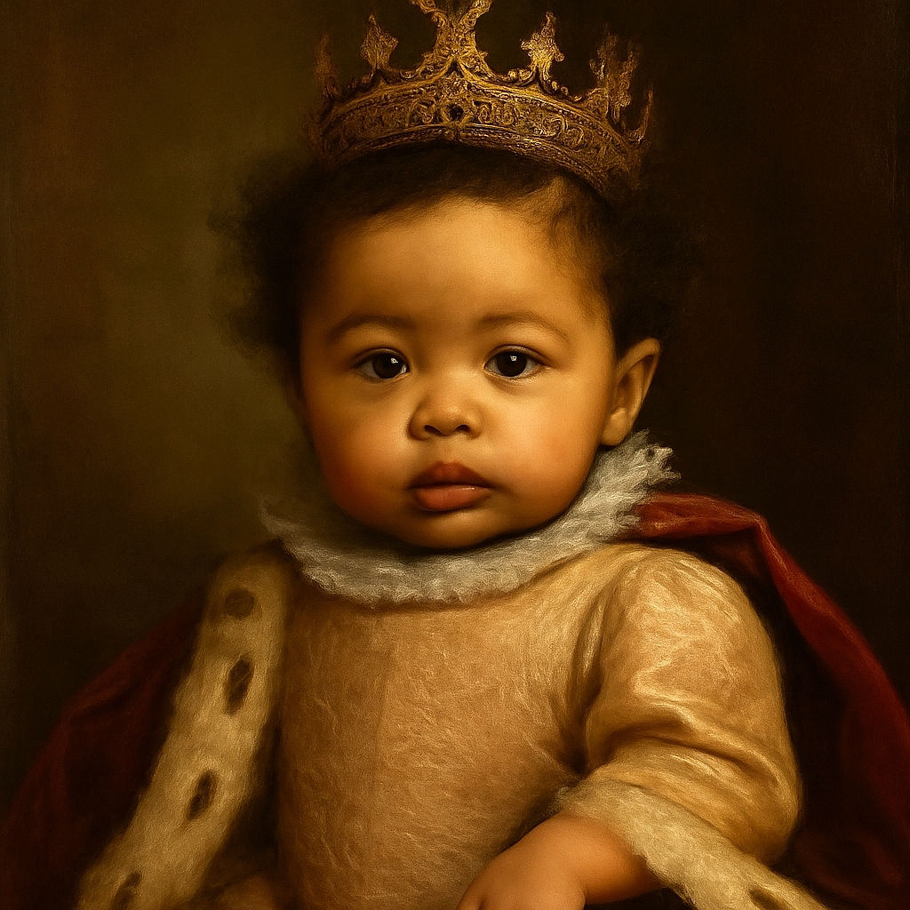 A close-up photo of an adorable baby with big expressive eyes and curly hair, wearing a pink patterned bib and sitting in a colorful baby seat. The background is softly blurred with household items, making the baby's face the clear focus of the image.