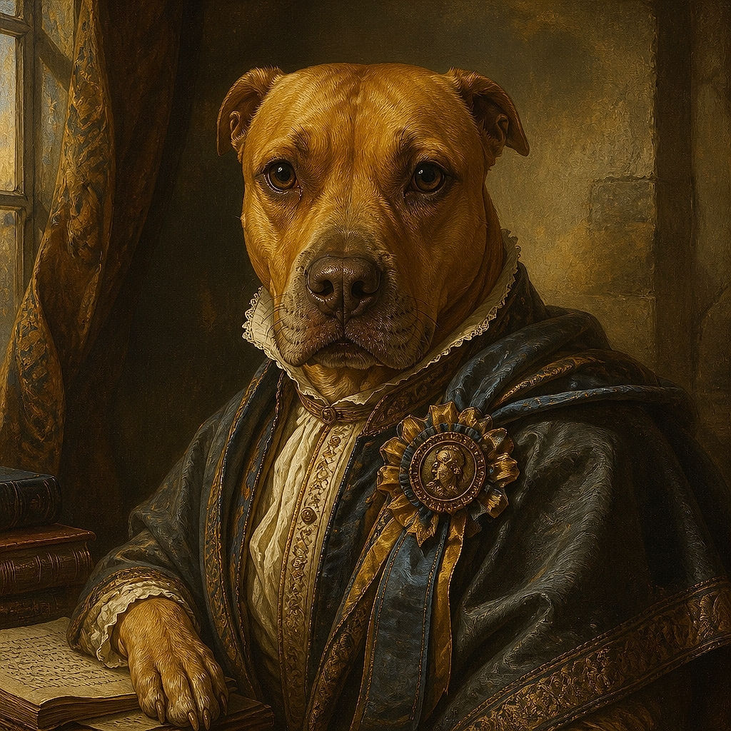 A serious-looking dog lounges on the tiled floor with its front legs crossed like a furry executive waiting for the board meeting to begin. The dim indoor lighting gives the portrait a moody, slightly dramatic feel, while the couch and sandals complete the cozy household scene.