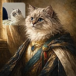 A ridiculously fluffy kitten with big blue eyes stares off like a tiny, disheveled aristocrat plotting nap times and world domination; soft natural light, neutral background, and a cozy rumpled blanket complete the portrait.