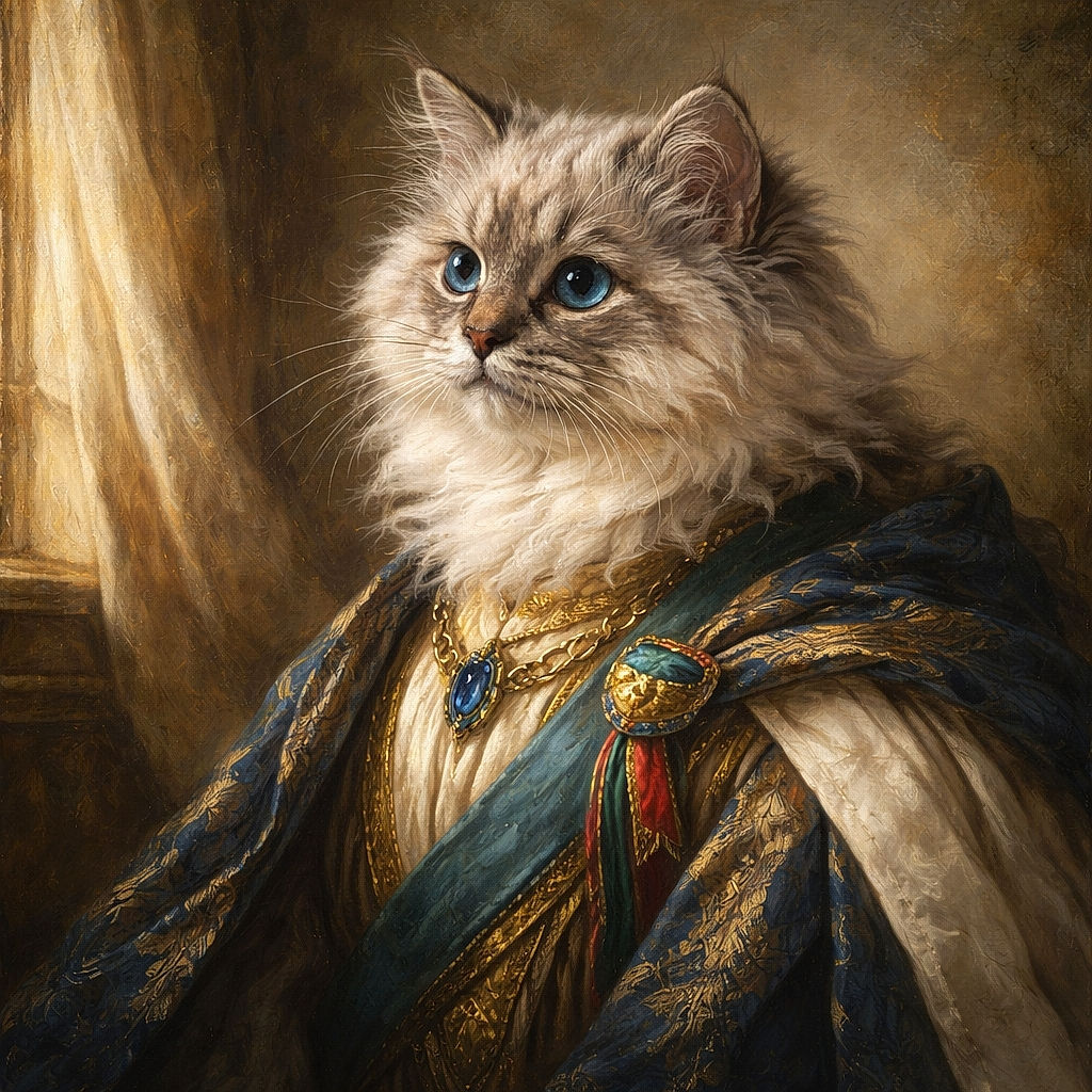 A ridiculously fluffy kitten with big blue eyes stares off like a tiny, disheveled aristocrat plotting nap times and world domination; soft natural light, neutral background, and a cozy rumpled blanket complete the portrait.