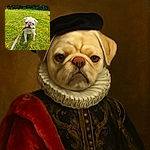 A charming little pug puppy stands on a lush green lawn, gripping its leash in its mouth with a determined yet adorable expression, ready for an adventure or maybe just a playful tug-of-war.