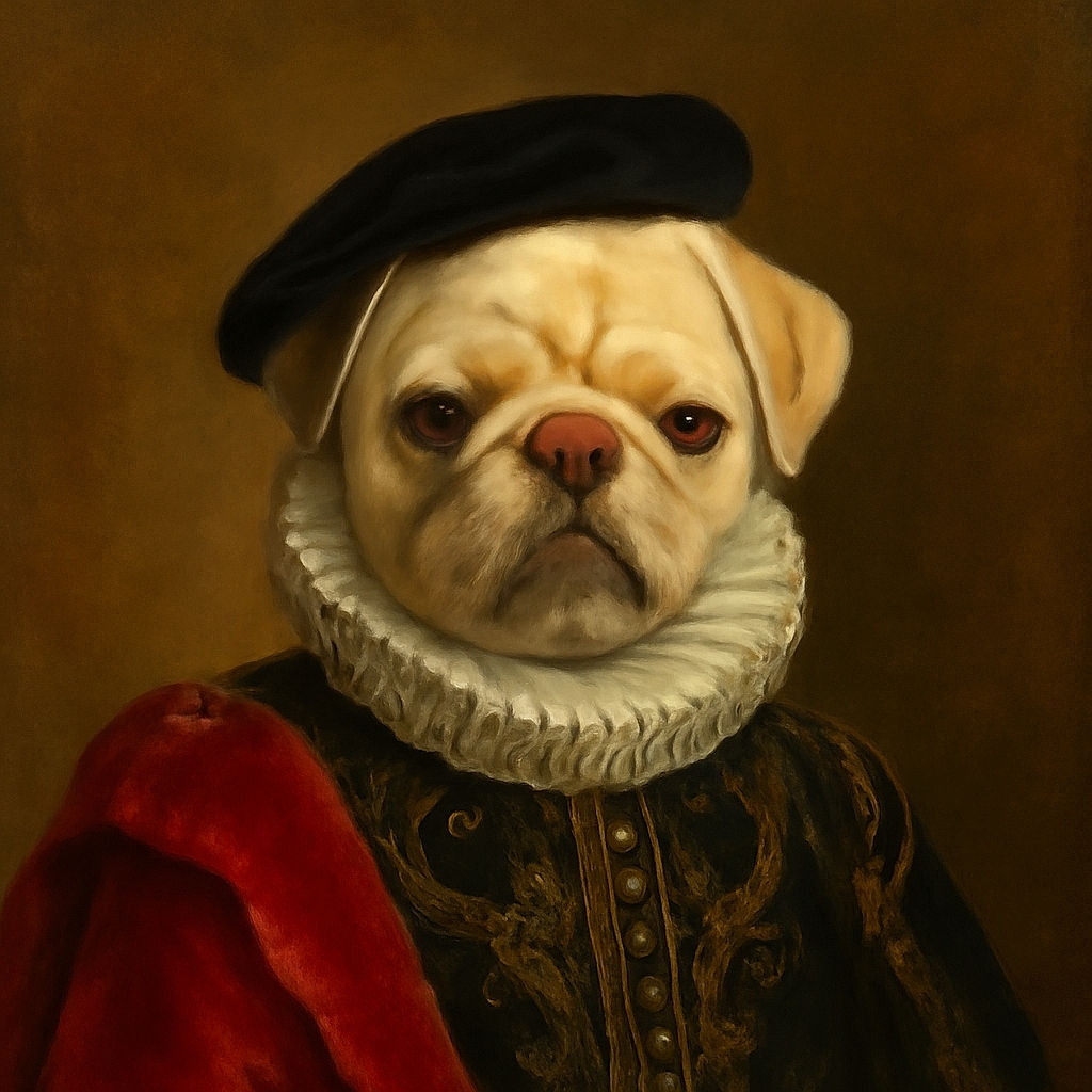 A charming little pug puppy stands on a lush green lawn, gripping its leash in its mouth with a determined yet adorable expression, ready for an adventure or maybe just a playful tug-of-war.