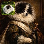 A fluffy Pomeranian dog with a striking black and white coat lounges peacefully on vibrant green grass, basking in the warm sunlight with a soft, blurred garden background.