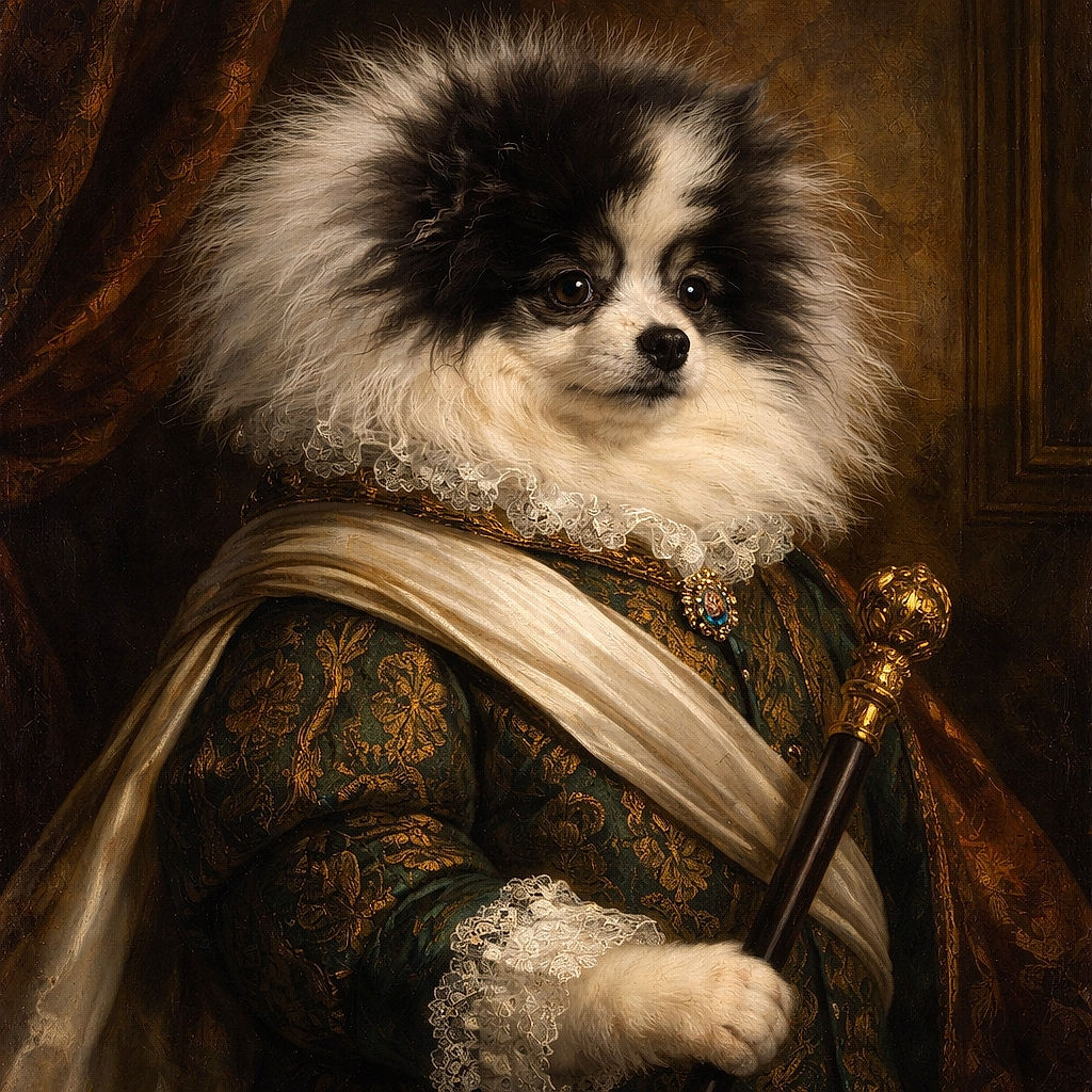A fluffy Pomeranian dog with a striking black and white coat lounges peacefully on vibrant green grass, basking in the warm sunlight with a soft, blurred garden background.