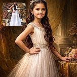 A young girl in a flowing white dress strikes a confident pose with one hand on her hip against a rustic stone wall, her long dark hair cascading in waves while she smiles sweetly at the camera.