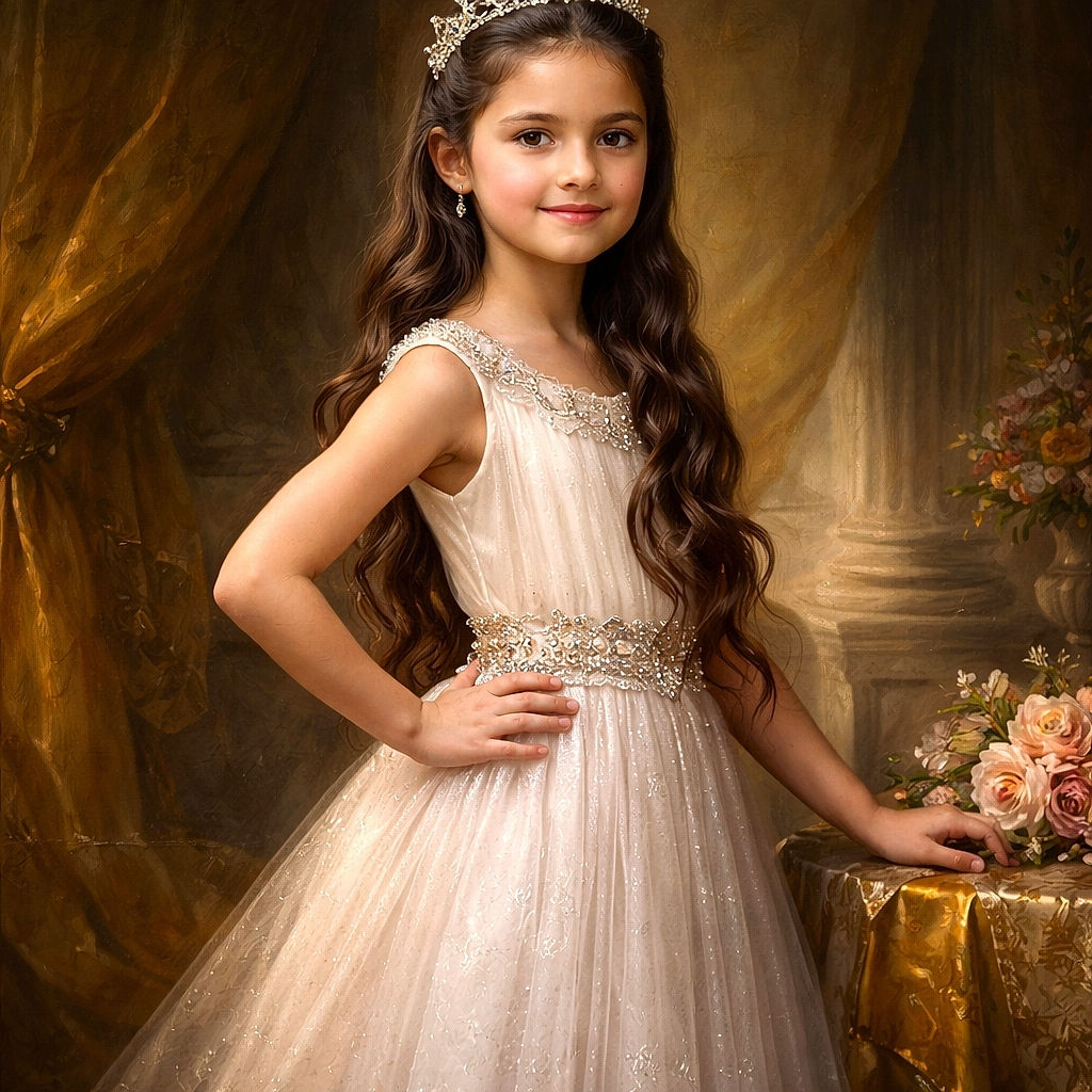 A young girl in a flowing white dress strikes a confident pose with one hand on her hip against a rustic stone wall, her long dark hair cascading in waves while she smiles sweetly at the camera.