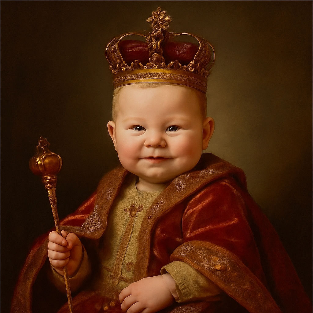 A chubby-cheeked baby in a diaper is sitting happily against a colorful rainbow-patterned backdrop, clutching a wooden toy with a gleeful smile and a little drool adding to the adorable mess.
