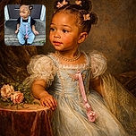 A cute toddler with adorable puffy ponytails decorated with bear clips sits on a concrete doorstep wearing denim overalls and black shoes, looking curiously to the side with a pacifier clipped to their outfit.