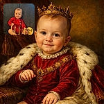 A cheerful four-month-old sitting against a grey couch in a red onesie, smiling mischievously at the camera while a milestone wooden sign and a cake with tall candles sit in the foreground — looks like someone just discovered they can make the whole room giggle.