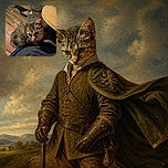 A scruffy little cat sits on a person’s lap like a tiny woodland wizard who has just returned from an extremely serious adventure. Its damp-looking fur, enormous ears, and solemn expression steal the show, while a patterned chair, wooden floor, table, and litter box create a cozy indoor backdrop.