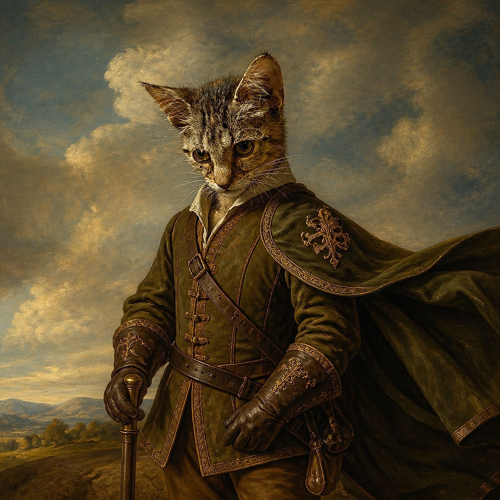 A scruffy little cat sits on a person’s lap like a tiny woodland wizard who has just returned from an extremely serious adventure. Its damp-looking fur, enormous ears, and solemn expression steal the show, while a patterned chair, wooden floor, table, and litter box create a cozy indoor backdrop.