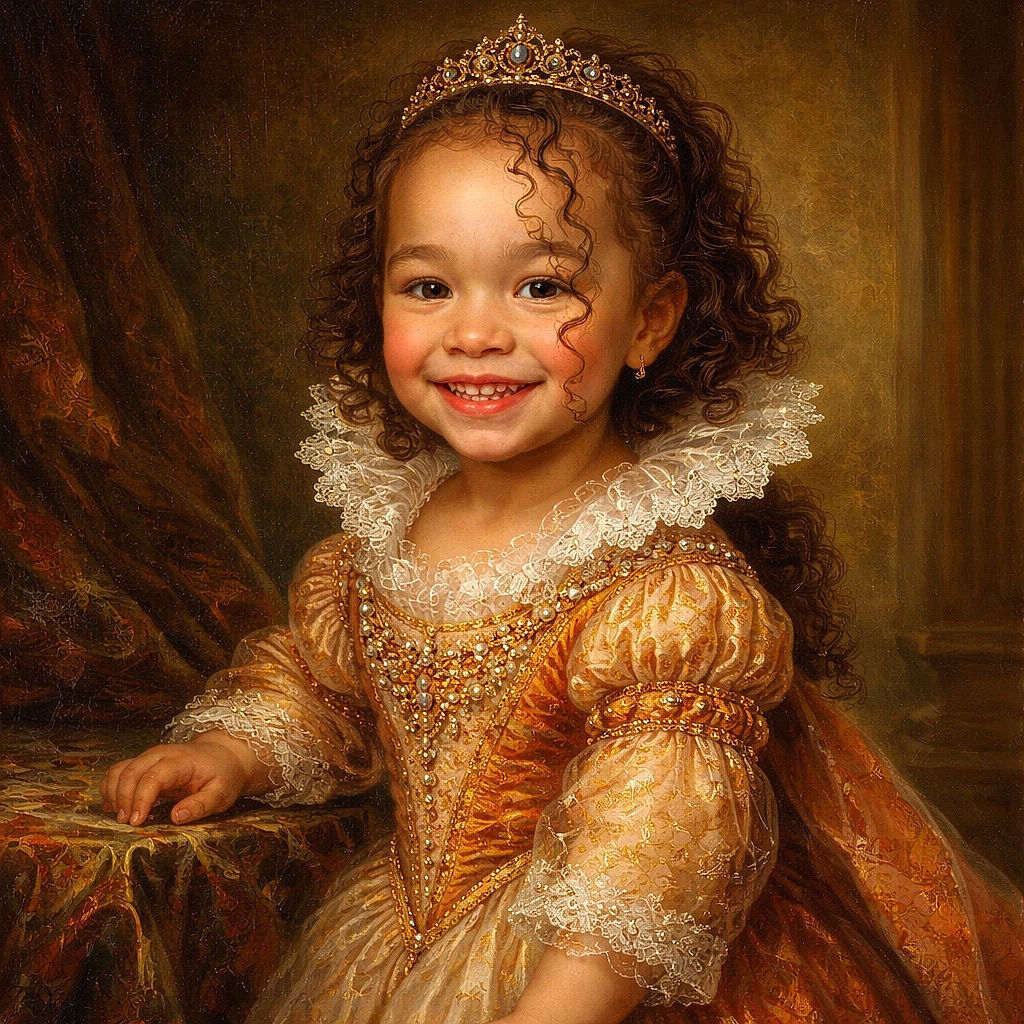 A delighted little explorer in an orange corduroy hooded jacket grinning with a toothy smile and a single perfect curl falling across their face, standing next to a snow-dusted hedge and crunchy gravel — winter joy in miniature.