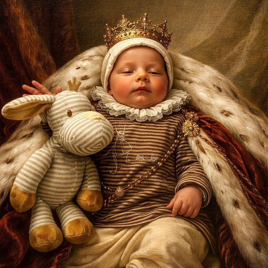 A peaceful newborn snoozes on a soft blanket like a tiny, content burrito — wearing a striped shirt and beanie, cuddled up to a plush striped donkey. The scene is cozy and simple: blue background, fluffy bedding, one little hand relaxed and a pair of tiny socks peeking out. Pure nap-time charm.