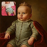 A curious baby lies on a bright pink bedspread, dressed in a white onesie and mint green shorts with leaf patterns, gazing off to the side with wide, wondering eyes.