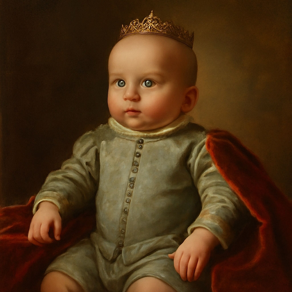A curious baby lies on a bright pink bedspread, dressed in a white onesie and mint green shorts with leaf patterns, gazing off to the side with wide, wondering eyes.