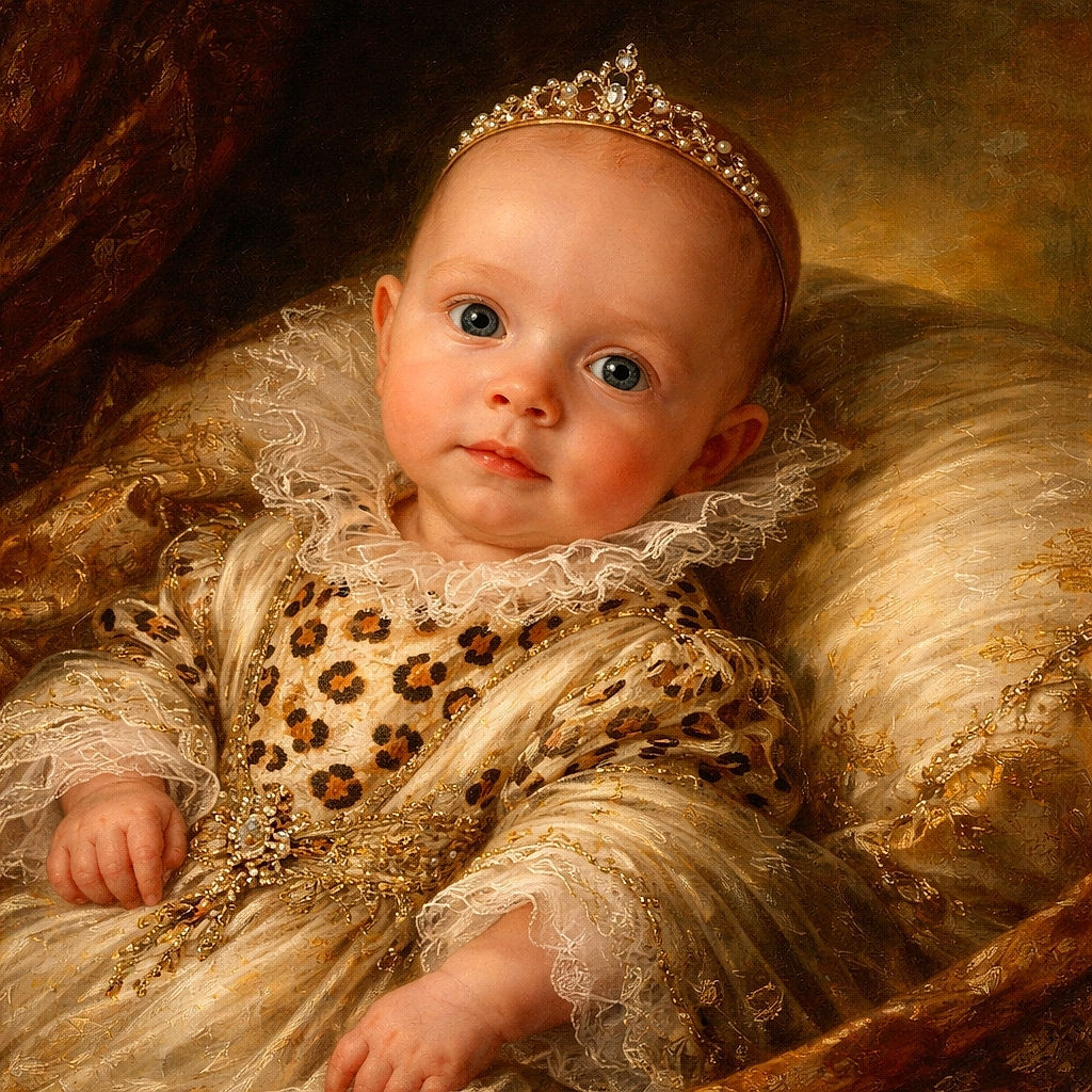 A wide-eyed newborn lounges like a tiny royalty in a leopard-print onesie, swaddled in blankets and staring straight at the camera with the solemn curiosity of someone who just discovered the ceiling.