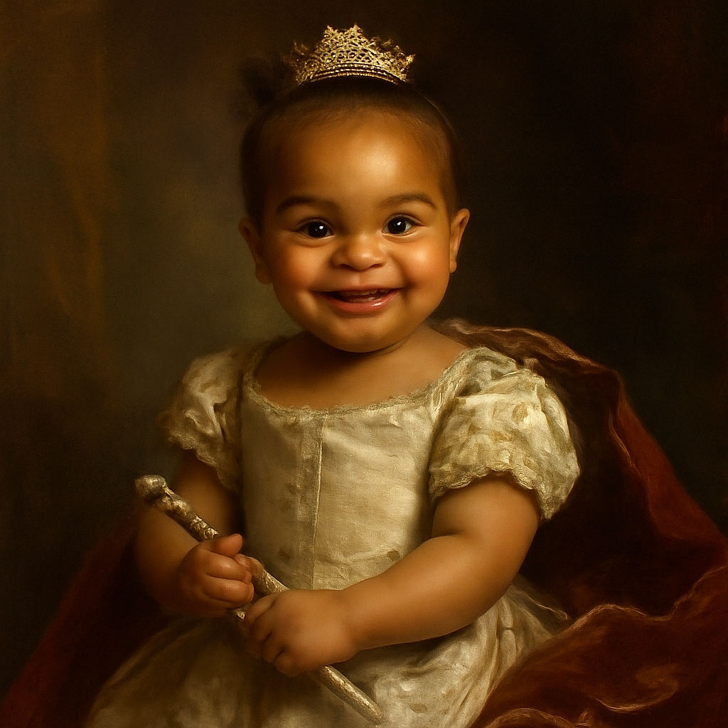 A cheerful baby sitting comfortably on a dark leather couch, clutching a purple toy with a big smile, wearing cute tan moccasins and a denim romper, with a wooden 'Ten Months' milestone sign beside them and family photos framed in the background.
