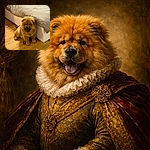 A fluffy Chow Chow puppy sitting adorably on a wooden floor next to a neatly made bed with beige bedding, looking happy with its tongue out as if ready for some fun or a nap.