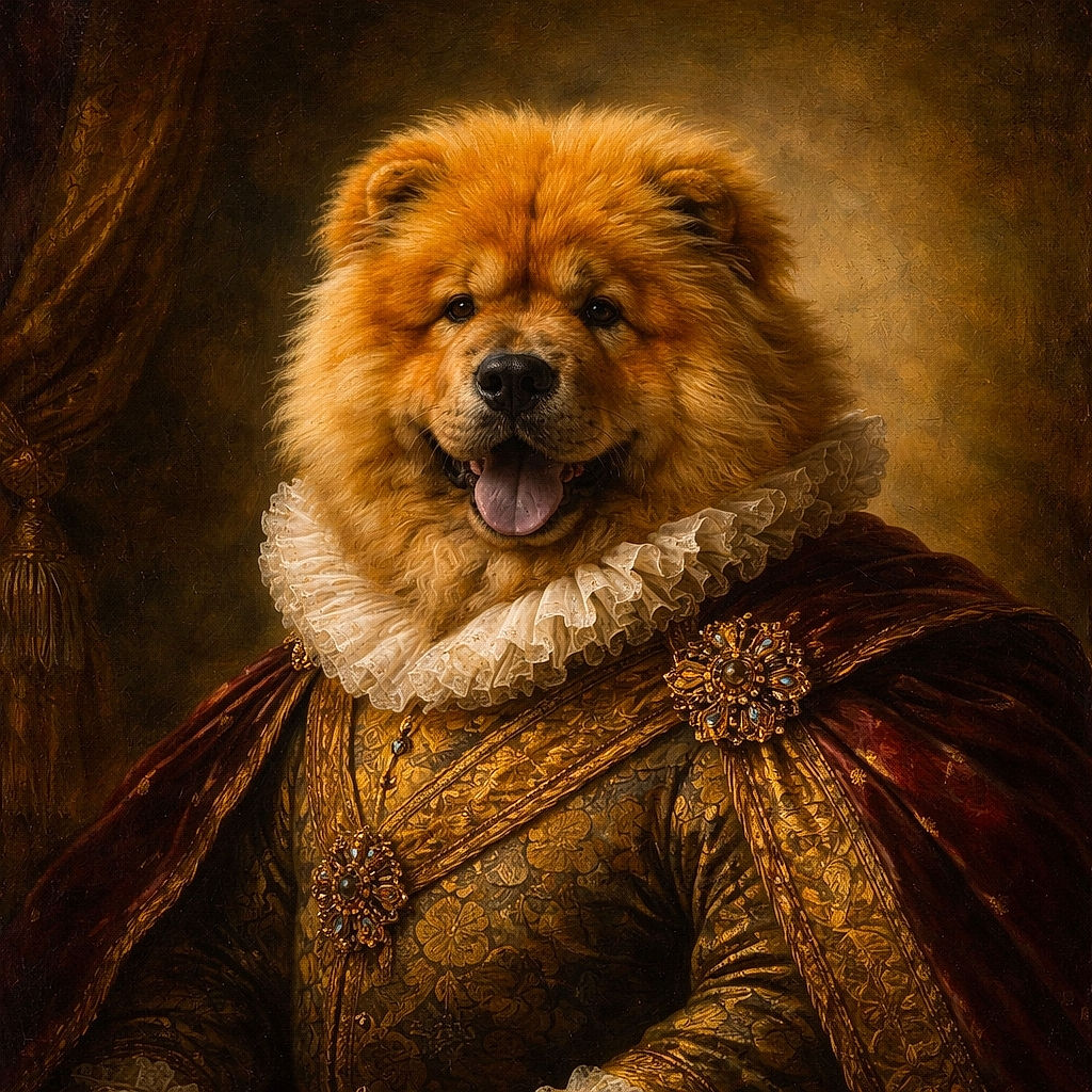 A fluffy Chow Chow puppy sitting adorably on a wooden floor next to a neatly made bed with beige bedding, looking happy with its tongue out as if ready for some fun or a nap.