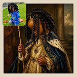 A young child kneels on the grass with arms outstretched, looking like a tiny magician whose invisible trick has gone hilariously wrong. Long braids cover the face, while colorful strings, a blue plate, and a sunny yard create a playful outdoor scene.