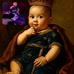 A curious baby in dark pajamas is lounging on a bed surrounded by colorful blankets and pillows, with a finger in their mouth and wide eyes looking to the side, illuminated by soft purple lighting that adds a cozy and mysterious vibe.
