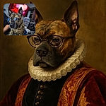 A stylish brindle dog wearing oversized black-rimmed glasses looks thoughtfully into the distance while sitting on a patterned surface, with a blurred colorful background adding an artsy vibe.