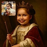 A joyful little girl with a big smile is enjoying a snack in a busy food court, holding a piece of food in one hand with fries and a juice box on the table. The background shows other diners casually eating and chatting, creating a lively atmosphere.