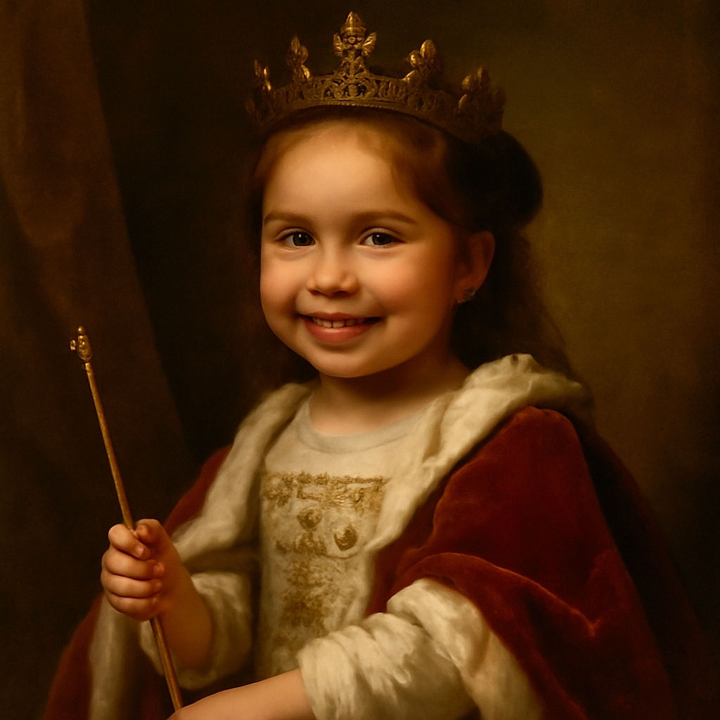 A joyful little girl with a big smile is enjoying a snack in a busy food court, holding a piece of food in one hand with fries and a juice box on the table. The background shows other diners casually eating and chatting, creating a lively atmosphere.