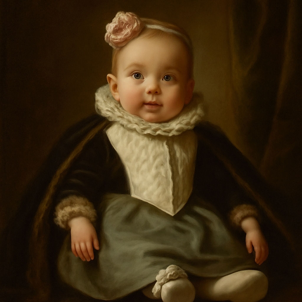 A charming baby dressed in a cozy quilted white jacket and a mint green skirt sits comfortably on a couch surrounded by floral pillows, sporting a matching floral headband and booties, looking curiously at the camera as if ready to conquer the world one smile at a time.