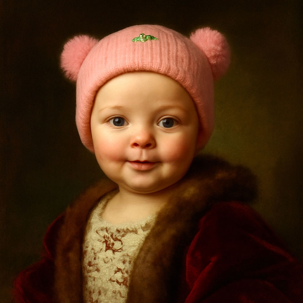 A wide-eyed baby wearing a cute pink knit hat with pom-poms and a floral onesie looks curiously into the camera, with a backdrop of pantry shelves stocked with various household items.