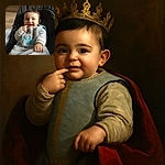 A happy baby wrapped in a cozy gray blanket with blue embroidery, sitting comfortably in a black cushioned seat. The baby is smiling with a finger playfully in their mouth, surrounded by a warm indoor setting with colorful balloons faintly visible in the background.