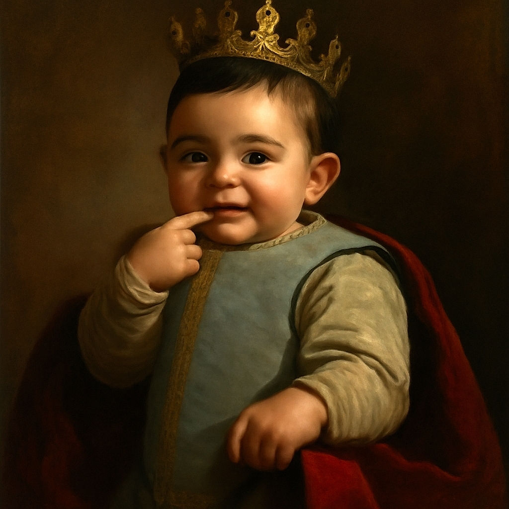 A happy baby wrapped in a cozy gray blanket with blue embroidery, sitting comfortably in a black cushioned seat. The baby is smiling with a finger playfully in their mouth, surrounded by a warm indoor setting with colorful balloons faintly visible in the background.