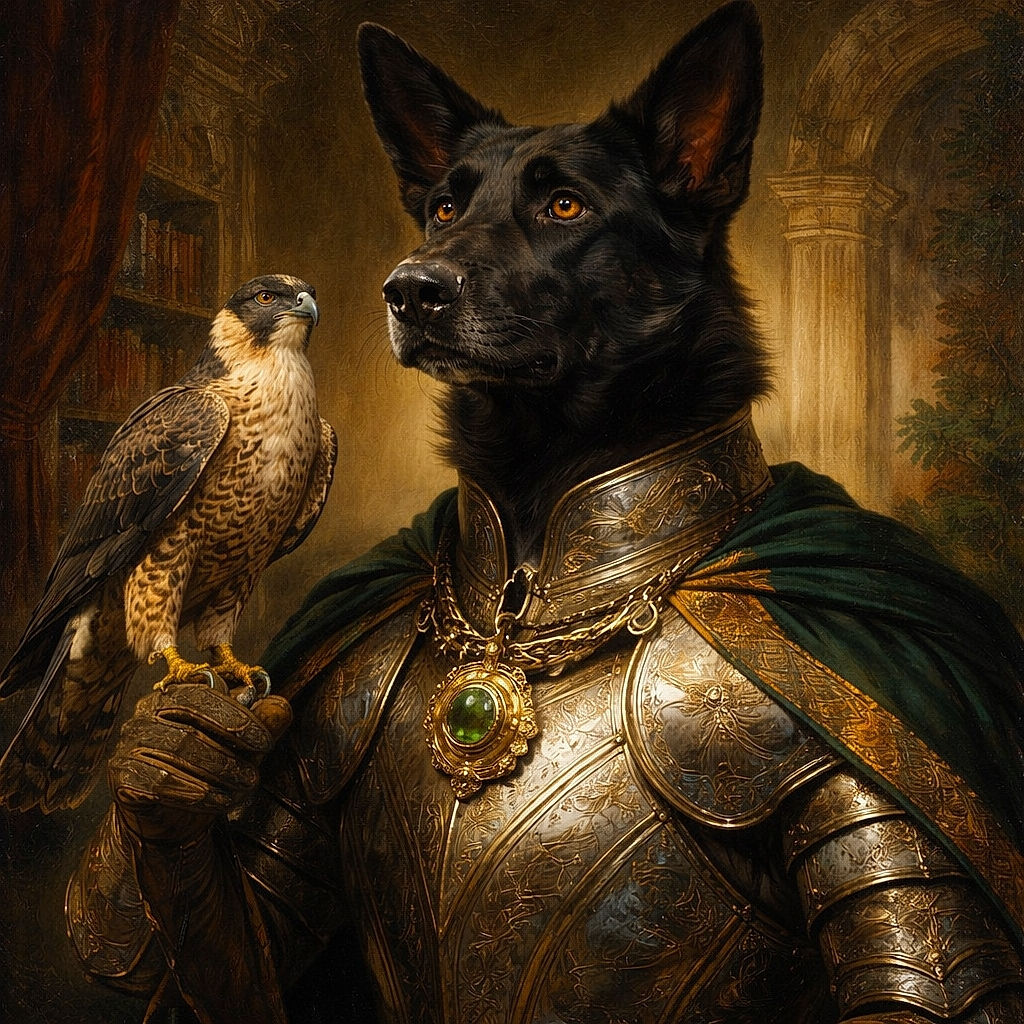 A dignified black dog in a neon-green collar sits in the car backseat, staring out with perky ears and soulful brown eyes as if judging the driver's playlist. The glossy fur melts into the shadows while the collar pops like a highlighter — equal parts regal and ready for a walk.