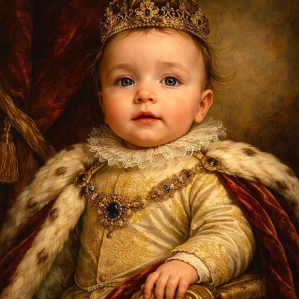 Wide-eyed baby in a dinosaur onesie stares up like they've just discovered gravity — cheeks puffed, hair majestically disheveled, and ready to negotiate snack time in cuteness.